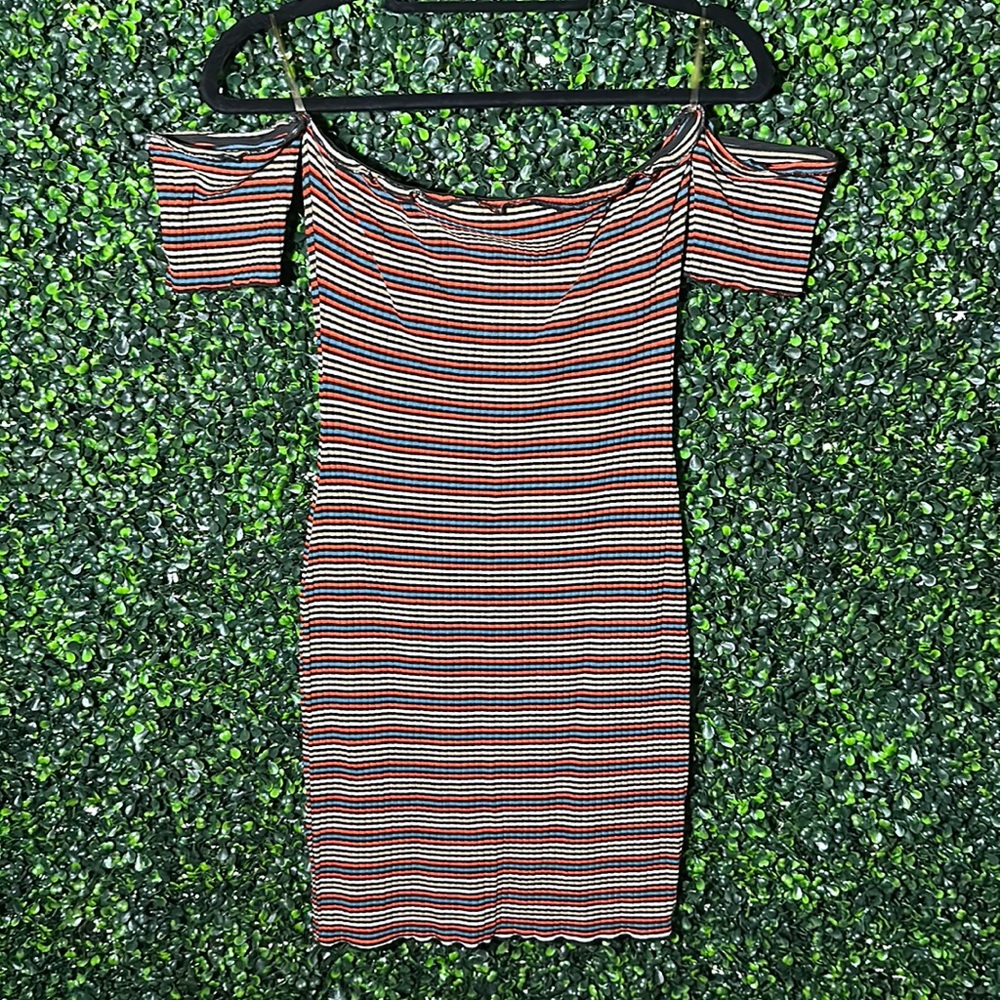 Strapless Beige/ Red/Blue Stripped BodyCon Dress